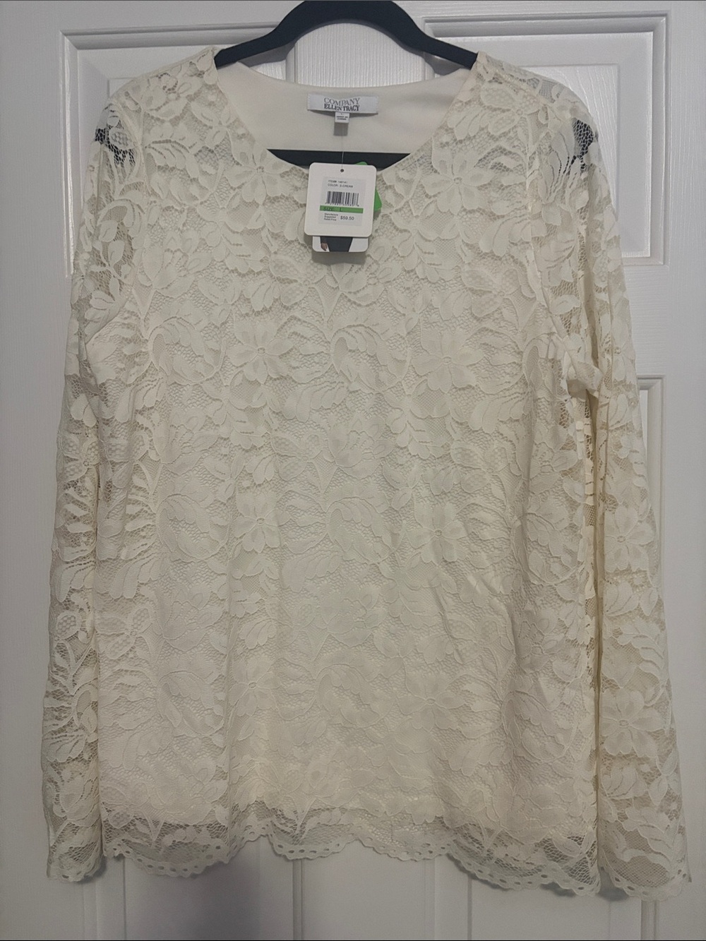 Ellen Tracy Eyelet Lace Long-Sleeve Blouse in Cream